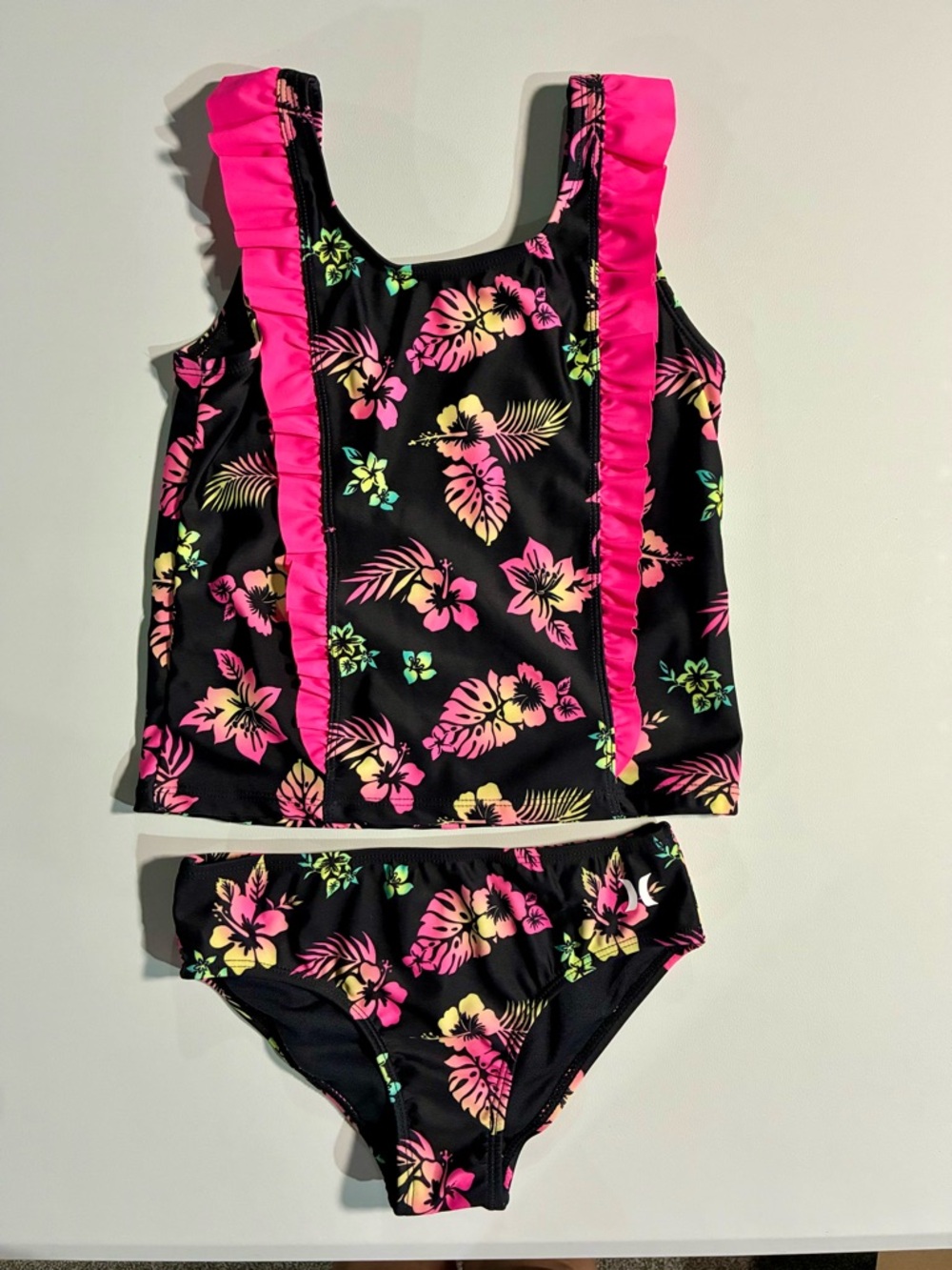 Hurley Black Floral Tankini with Hot Pink Ruffle
